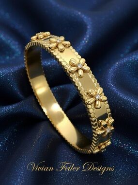 Gold Floral Bangle - Shiny Flower Bracelet